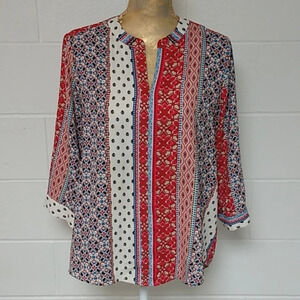 DANA BUCHMA BOHO PRINT 3/4 SLEEVE MADARIN COLLAR BLOUSE TOP